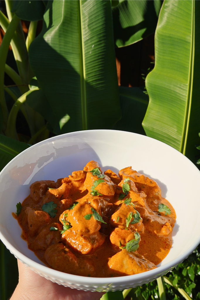 Homemade butter chicken served in a white bowl outdoors, featuring tender chicken in a rich, creamy tomato curry sauce garnished with fresh cilantro.