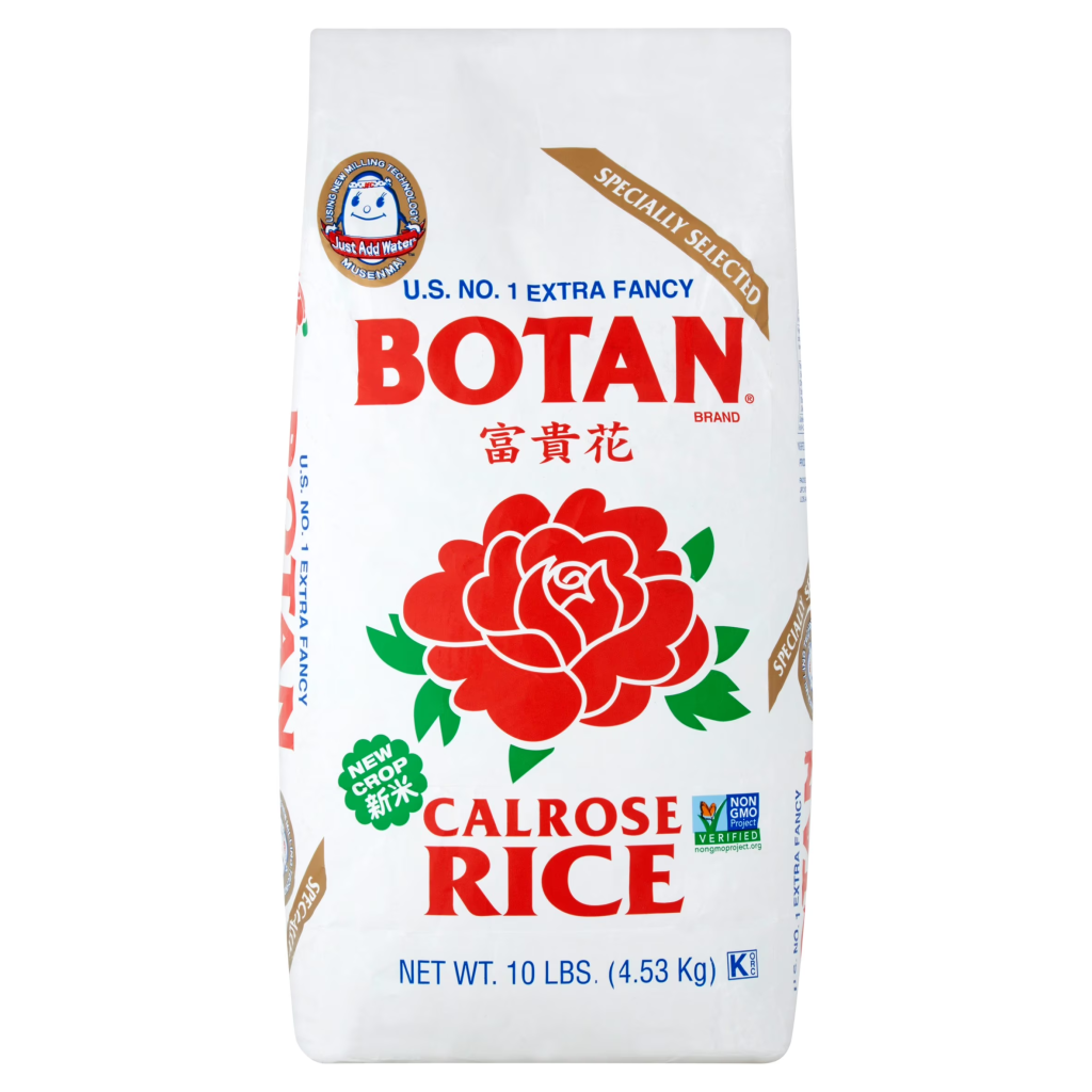 Bag of Botan Calrose Rice, a premium medium-grain rice commonly used for sushi, rice bowls, onigiri, and Japanese home cooking.