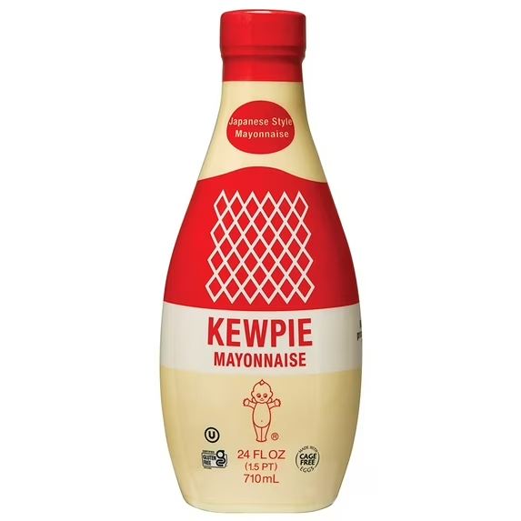 Bottle of Kewpie Japanese mayonnaise, a rich and creamy condiment commonly used in sushi, sandwiches, salads, okonomiyaki, and Japanese recipes.