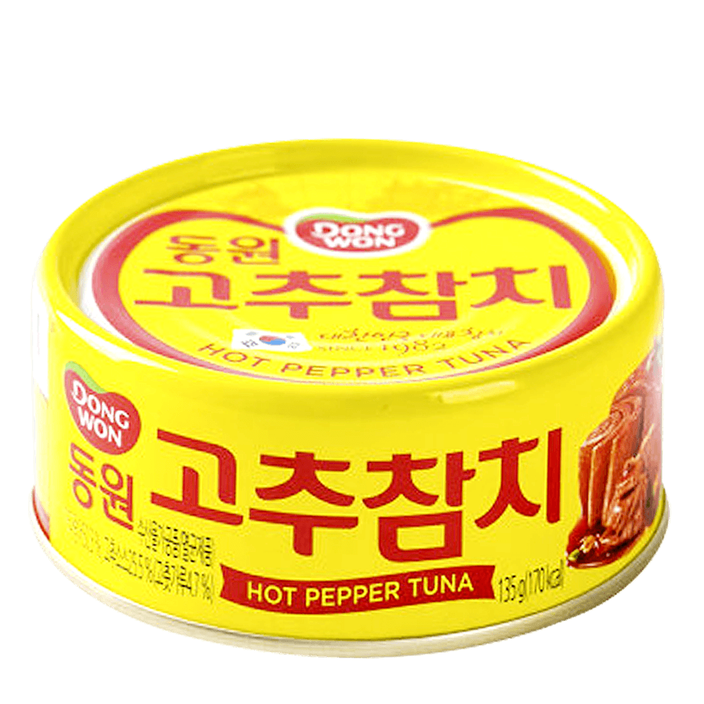 Can of Dongwon Hot Pepper Tuna (Gochu Chamchi), a Korean canned tuna seasoned with spicy chili peppers and commonly used in Korean recipes.