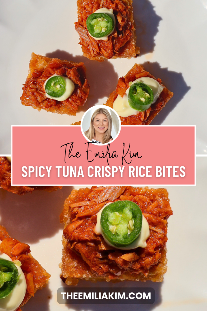 Pinterest graphic featuring homemade spicy tuna crispy rice bites topped with jalapeños and Japanese mayonnaise, inspired by the famous Nobu appetizer.