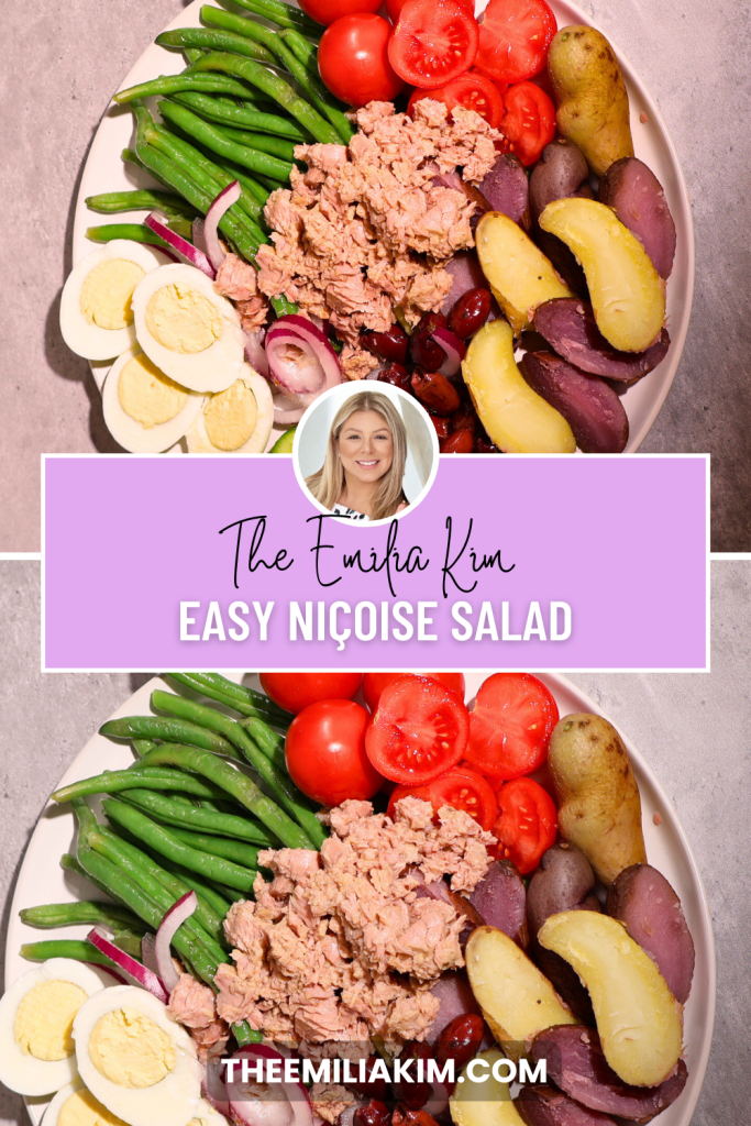 Pinterest pin featuring a Niçoise-style tuna salad with boiled eggs, potatoes, green beans, tomatoes, olives, and cucumbers, labeled "Easy Niçoise Salad."