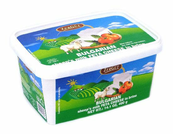 Container of Bulgarian-style feta cheese made from sheep and cow's milk, commonly used in Mediterranean and Balkan recipes.