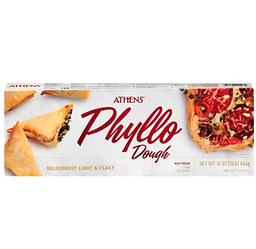 Package of Athens Phyllo Dough, a ready-to-use frozen pastry used for making baklava, spanakopita, warbat, and other flaky pastries.