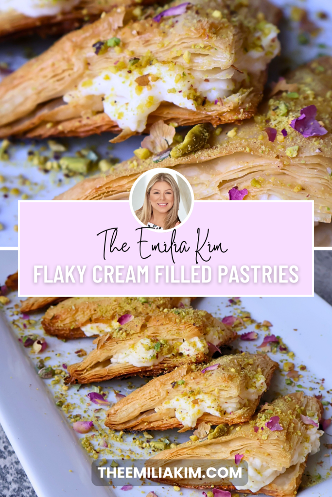 Pinterest pin featuring traditional warbat pastries filled with creamy ashta, topped with crushed pistachios and dried rose petals.