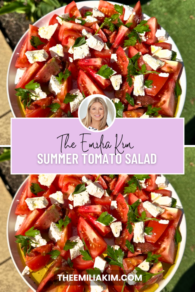 Pinterest pin featuring a fresh summer tomato salad made with heirloom tomatoes, Bulgarian feta cheese, parsley, and olive oil.