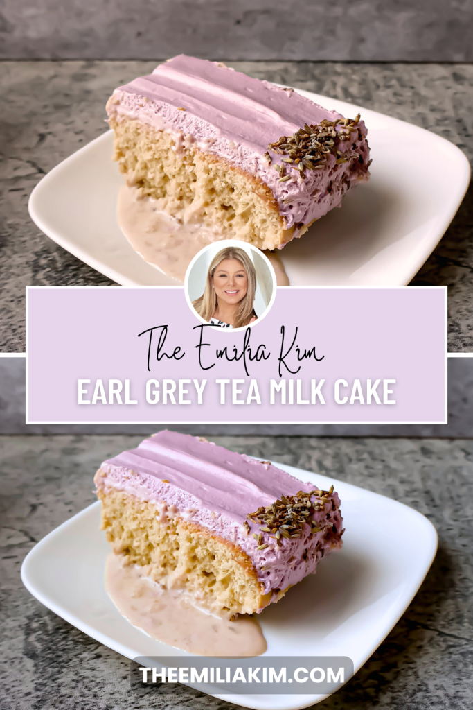 Pinterest pin featuring a slice of Earl Grey tea tres leches cake with lavender whipped frosting on a white plate.