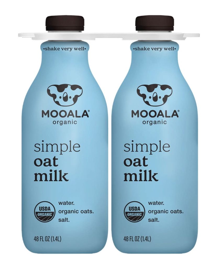 Two bottles of MOOALA Organic Simple Oat Milk displayed side by side on a white background.