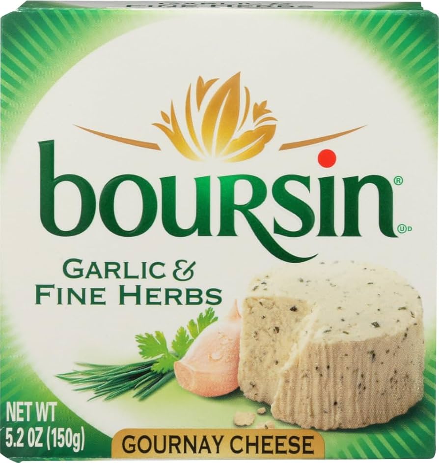 Package of Boursin Garlic & Fine Herbs cheese, a creamy French soft cheese flavored with garlic and herbs.
