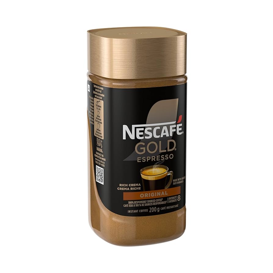 Jar of NESCAFÉ Gold Espresso instant coffee displayed on a white background.