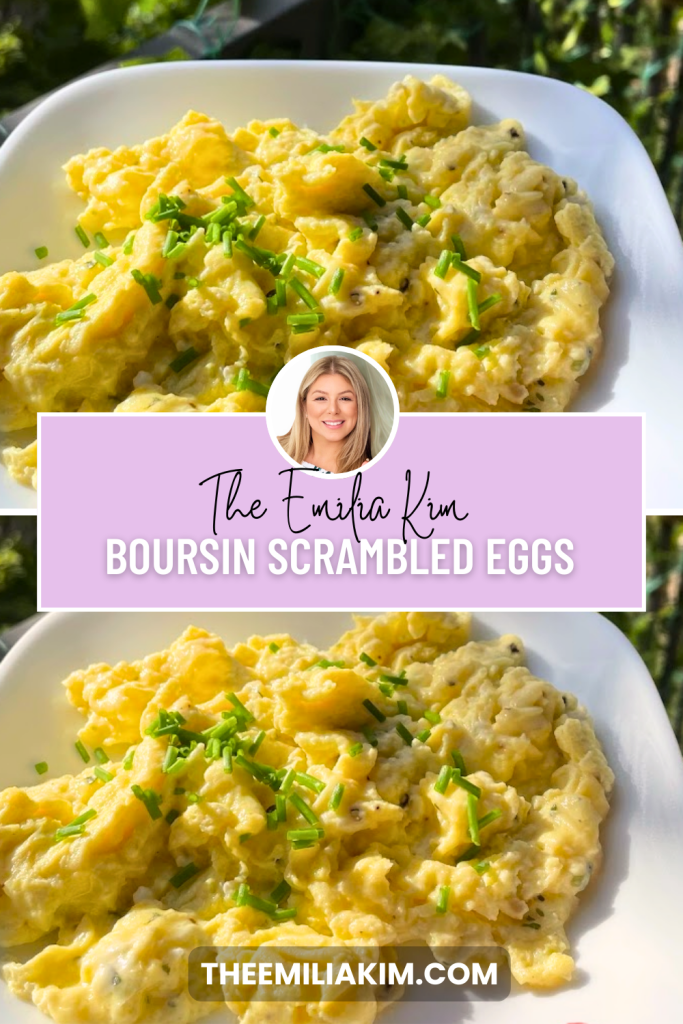 Pinterest pin featuring creamy Boursin scrambled eggs garnished with fresh chives, showcasing an easy gourmet breakfast recipe.