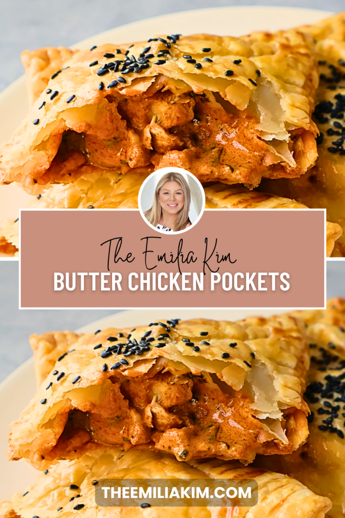 Pinterest pin featuring golden, flaky butter chicken phyllo pockets filled with creamy butter chicken and topped with black sesame seeds.