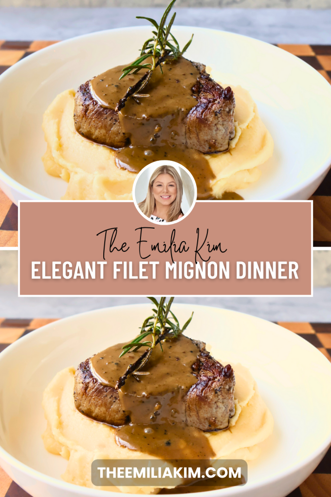 Pinterest pin featuring pan-seared filet mignon served over creamy French aligot with a rich peppercorn sauce and fresh rosemary garnish.
