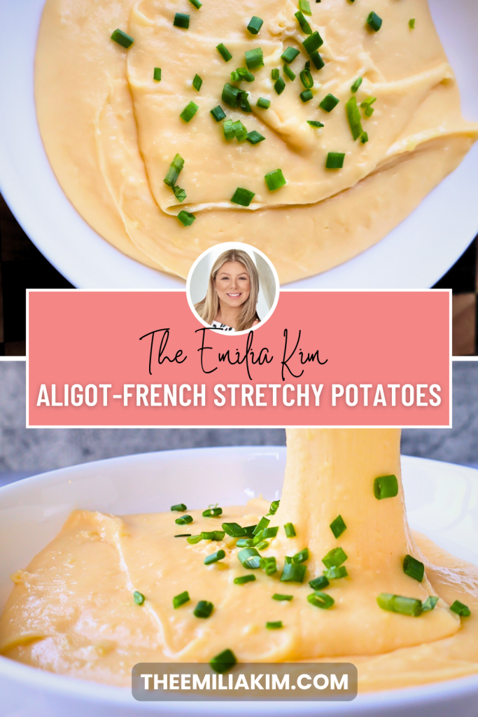 Pinterest pin featuring traditional French aligot, a creamy mashed potato and melted cheese dish with its signature stretchy texture.