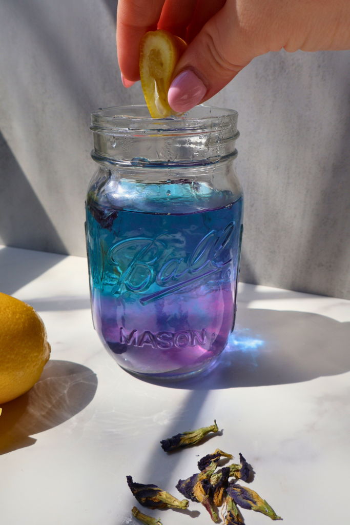 Hand squeezing lemon into butterfly pea tea in a glass jar as the color changes from blue to purple