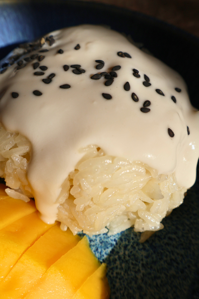 Close-up of mango sticky rice with coconut cream and black sesame seeds and fresh mango