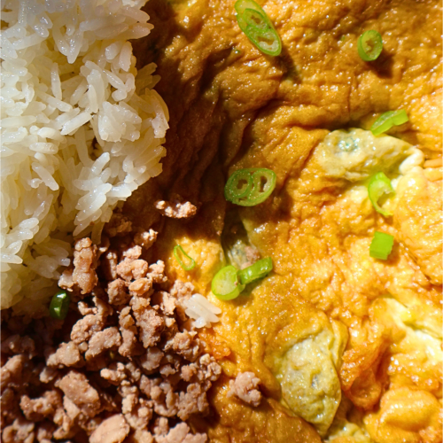 Thai omelet with jasmine rice and minced pork topped with green onions