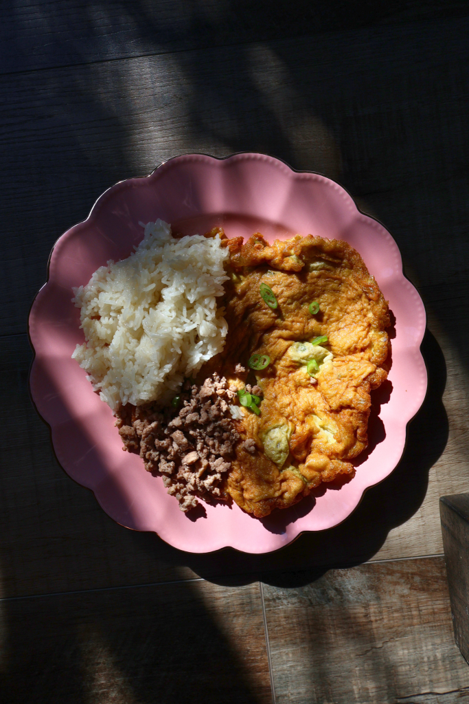 Thai omelet with jasmine rice and minced pork served in pink bowl in natural light