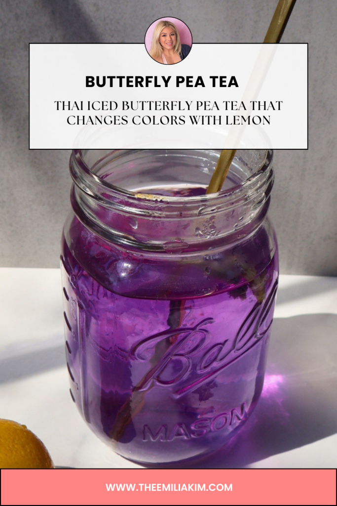 Butterfly pea tea recipe Pinterest image showing purple color changing drink with lemon