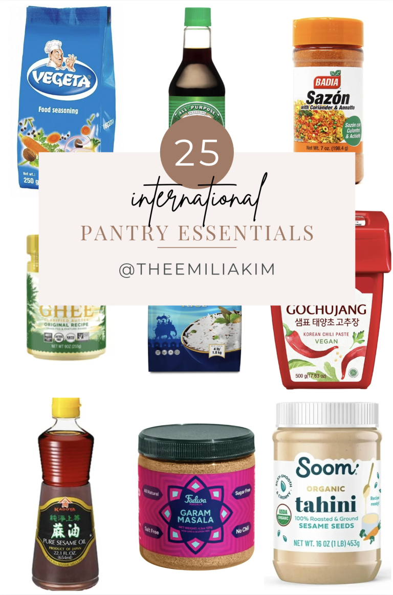 Collage of international pantry staples including Vegeta seasoning, soy sauce, sazón, ghee, basmati rice, gochujang, sesame oil, garam masala, and tahini titled “25 International Pantry Essentials.”