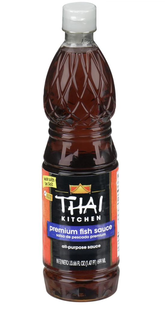Thai Kitchen premium fish sauce bottle on white background