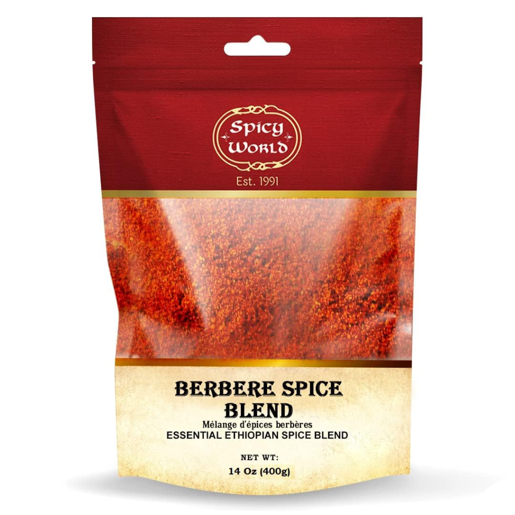 Package of berbere spice blend, a traditional Ethiopian seasoning made with chili peppers, garlic, ginger, and aromatic spices.