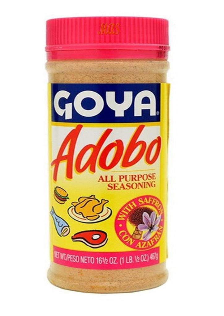 Container of adobo all-purpose seasoning, a savory spice blend used to season chicken, beef, pork, seafood, vegetables, rice, and beans.