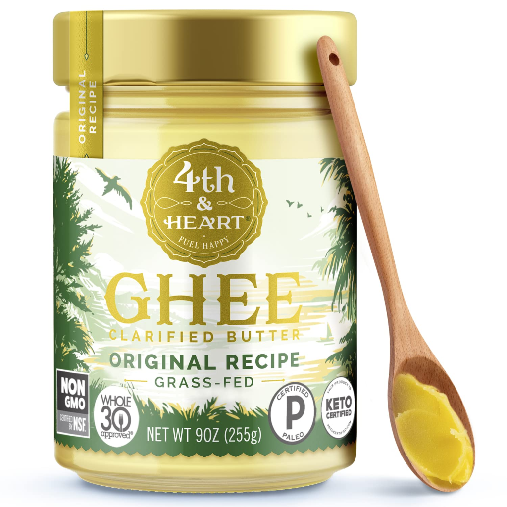 Small jar of ghee, clarified butter commonly used in Indian cooking for curries, sautéing, baking, and traditional recipes.