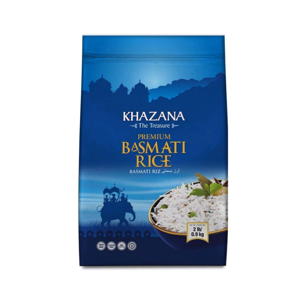 Bag of Khazana Premium Basmati Rice, long-grain aged rice commonly used in biryani, pilaf, curries, and Indian cuisine.