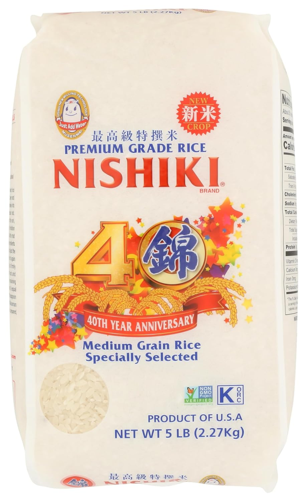 Bag of Nishiki Medium Grain Rice, premium Japanese-style rice commonly used for sushi, rice bowls, and everyday Japanese cooking.
