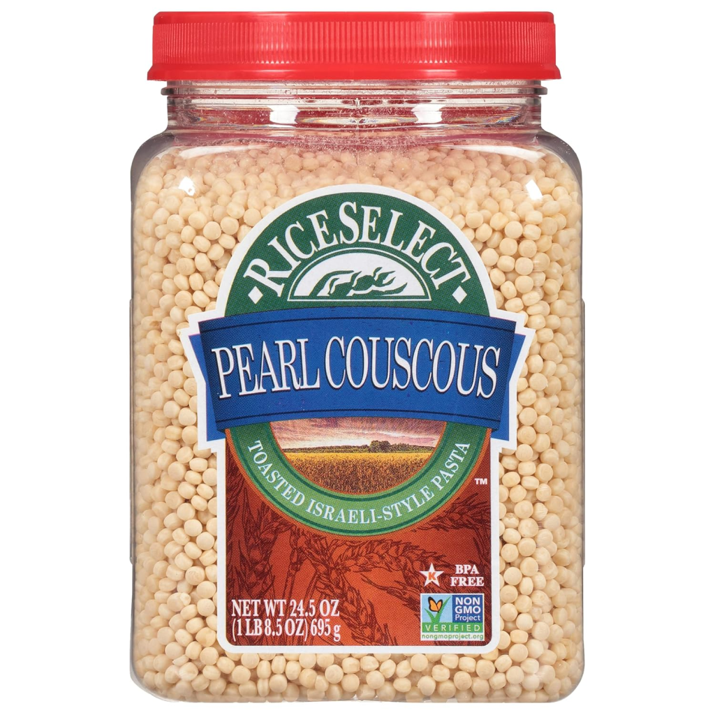 Container of RiceSelect Pearl Couscous, toasted pasta pearls commonly used in salads, side dishes, soups, and Mediterranean-inspired recipes.