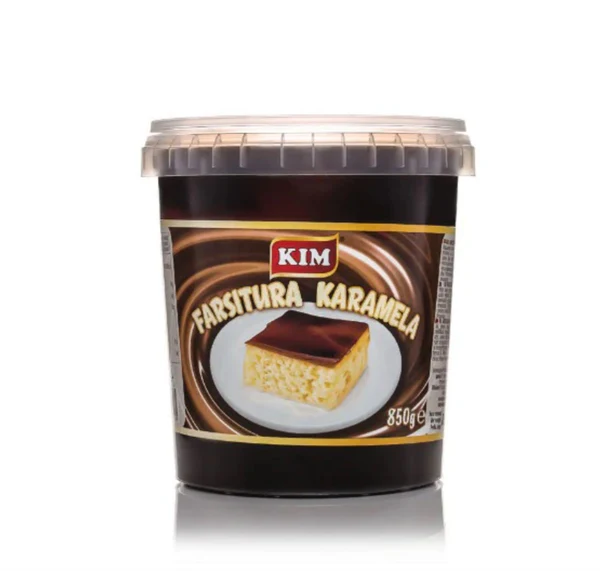Container of KIM Farsitura Karamela, a creamy caramel filling used for cakes, pastries, cookies, desserts, and baking.