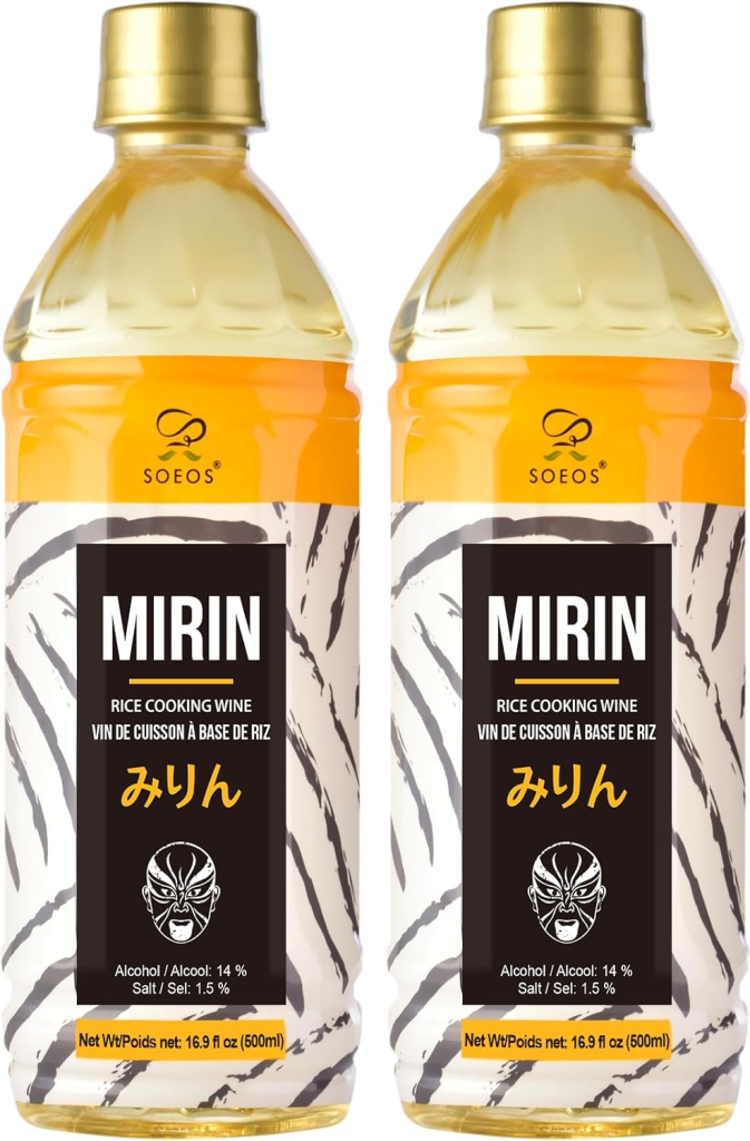 Two bottles of mirin, a sweet Japanese cooking wine used to add flavor, glaze, and depth to sauces, marinades, and stir-fries.