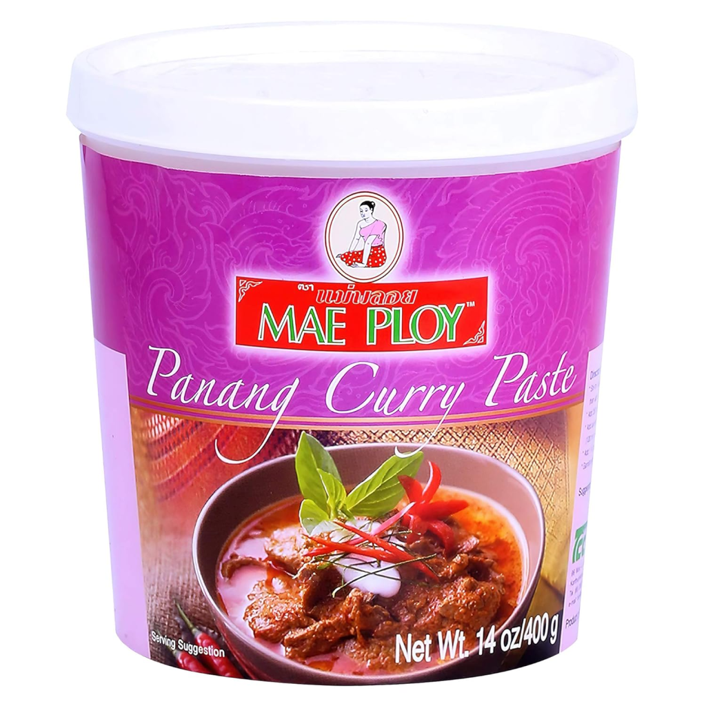 Container of Mae Ploy Panang Curry Paste, a Thai curry paste used to make rich, creamy Panang curry with coconut milk, meat, and vegetables.