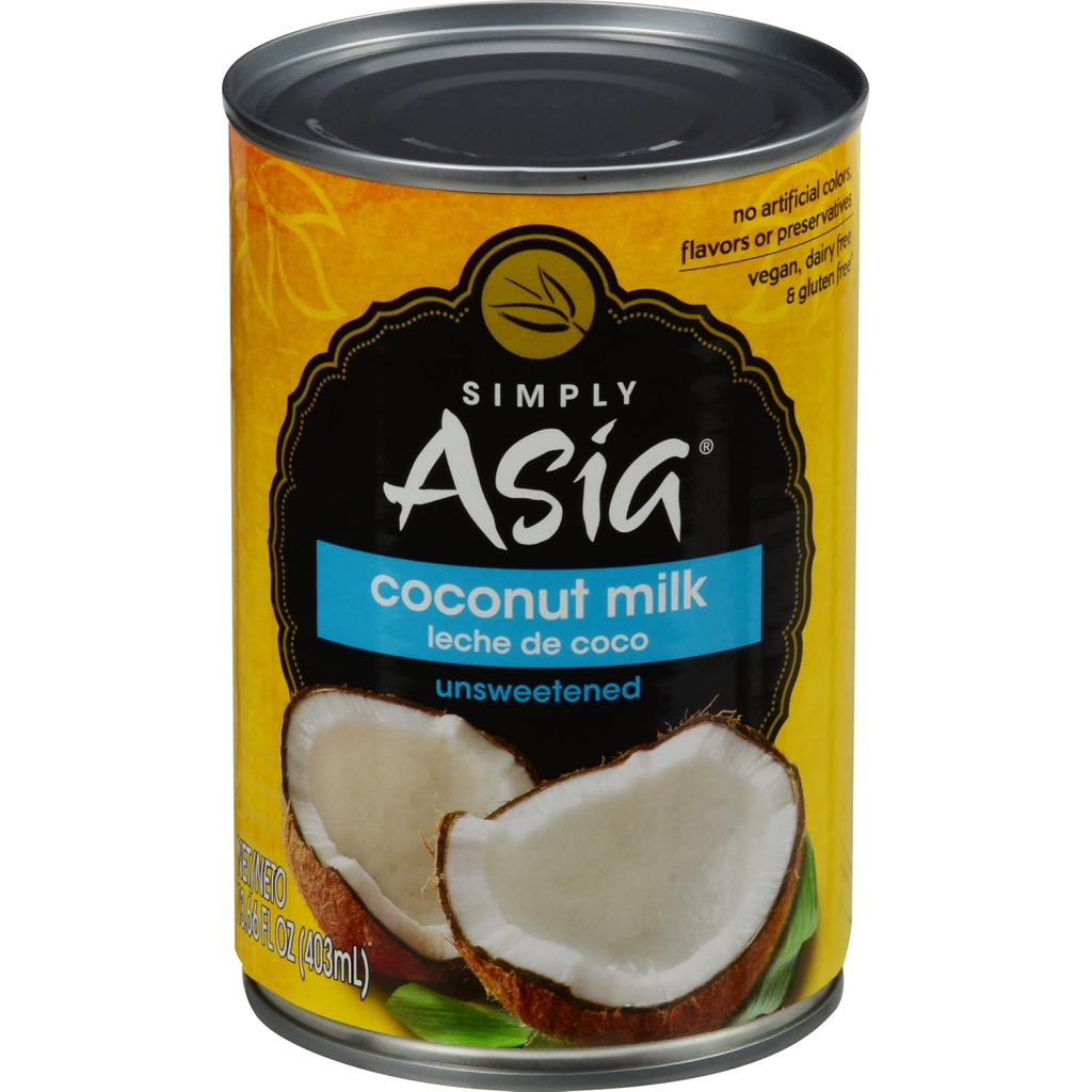Can of unsweetened coconut milk used for Thai curries, soups, desserts, and other Asian-inspired recipes.