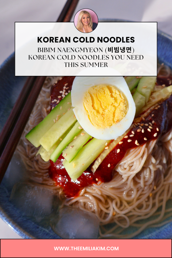 Pinterest pin featuring homemade bibim naengmyeon, Korean spicy cold noodles topped with cucumber, hard-boiled egg, kimchi, and sesame seeds, with the creator's portrait displayed in a circular frame at the top.