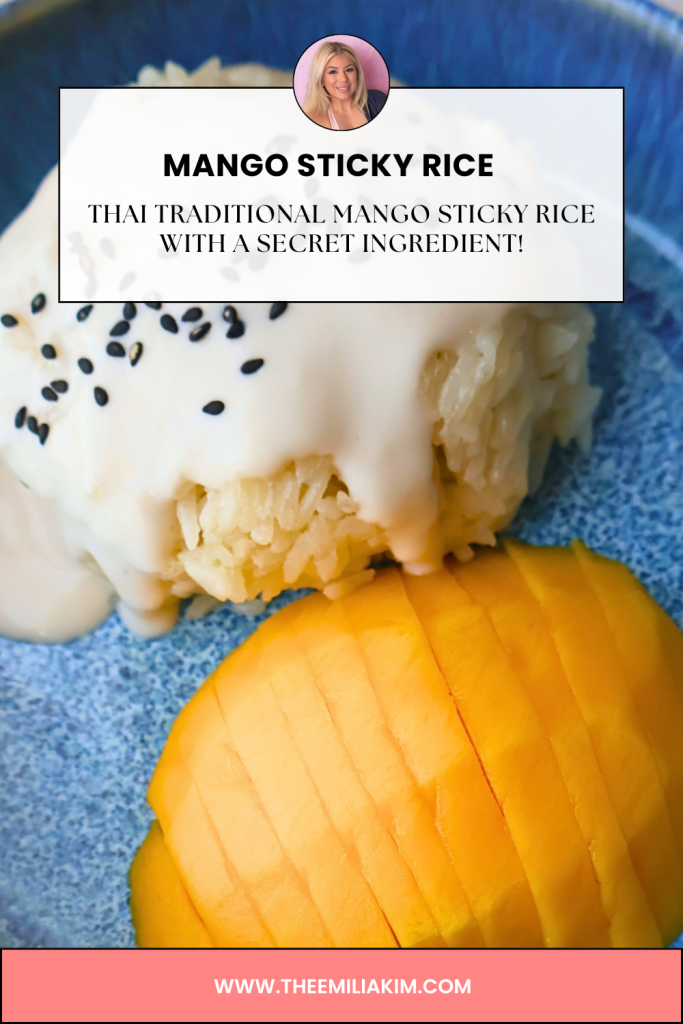 Thai mango sticky rice with coconut cream and fresh mango slices Pinterest cover image with title overlay