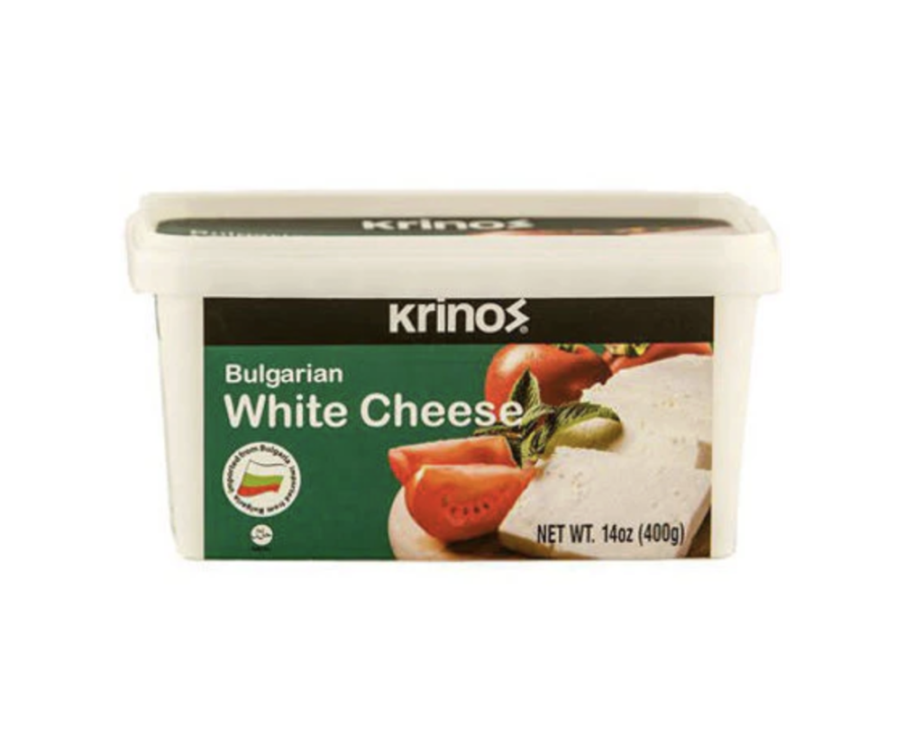 Container of Krinos Bulgarian white cheese feta, the creamy sheep's milk feta used to finish the shakshuka recipe