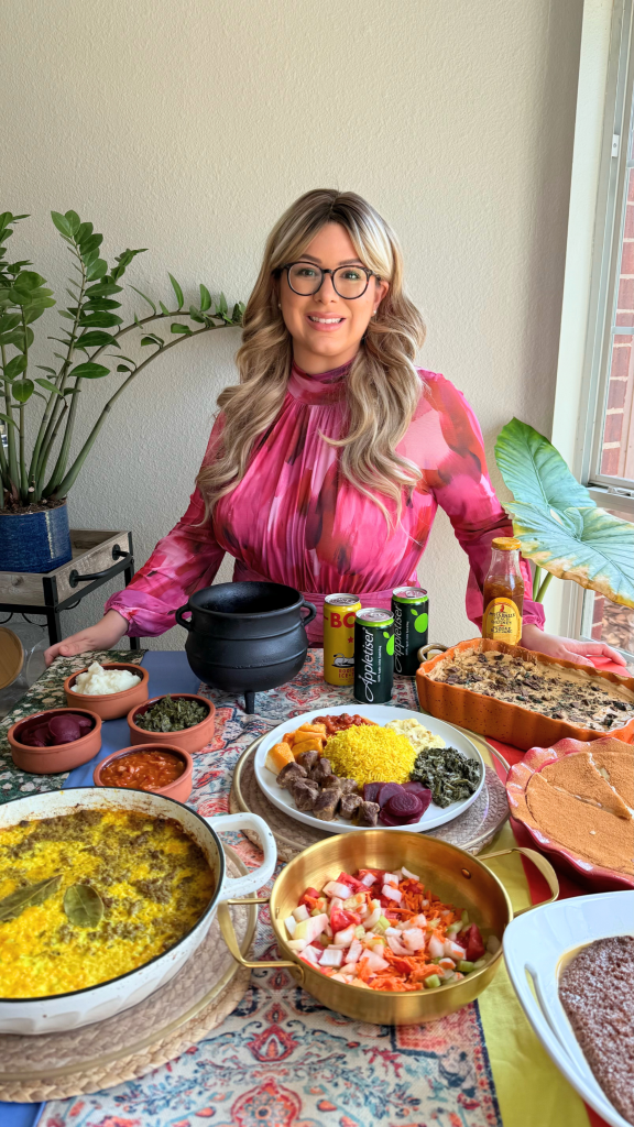 Emilia Kim hosting a South African-inspired table filled with traditional South African dishes