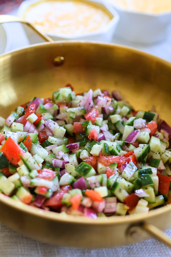 Traditional Persian Shirazi salad with finely diced cucumber, tomato, red onion, fresh herbs, and lime dressing.